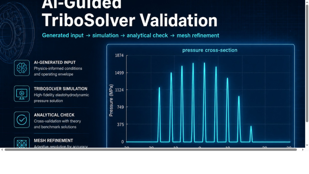 Featured image showing a TriboSolver pressure cross section with AI-guided validation workflow text