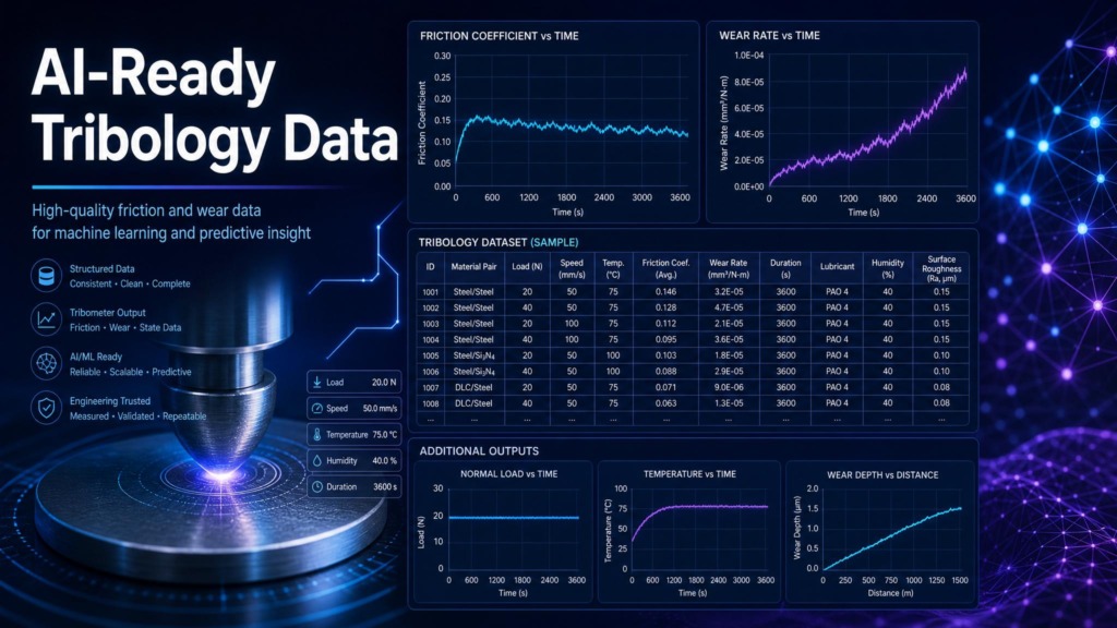 AI-ready tribology data package with friction curve metadata and machine learning workflow.
