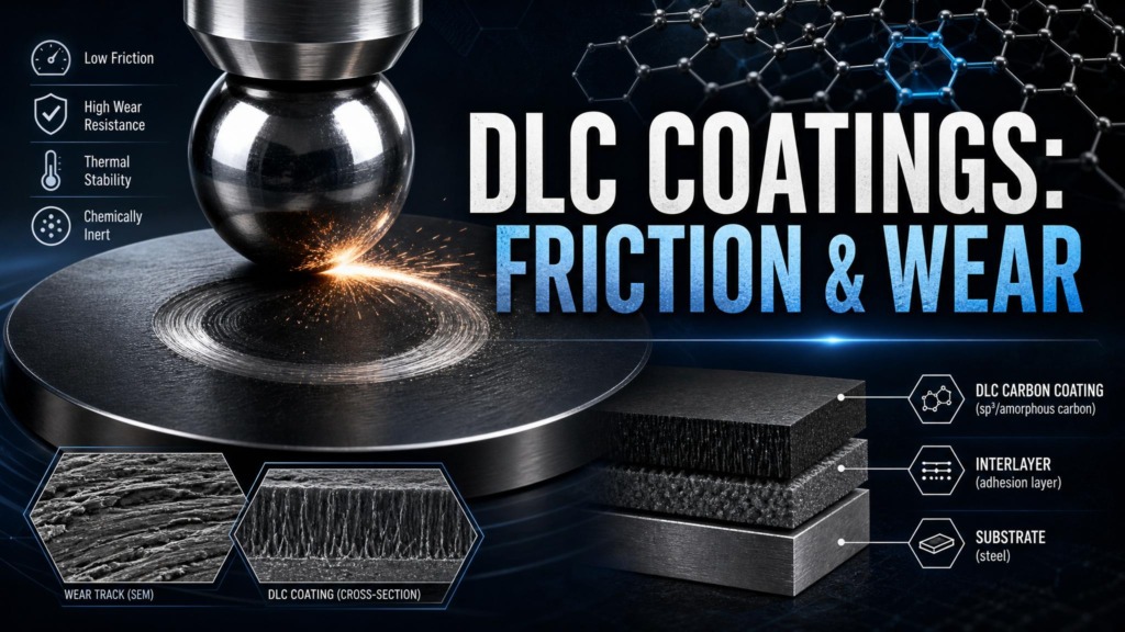 DLC coating friction and wear measurement checklist with layered carbon coating schematic