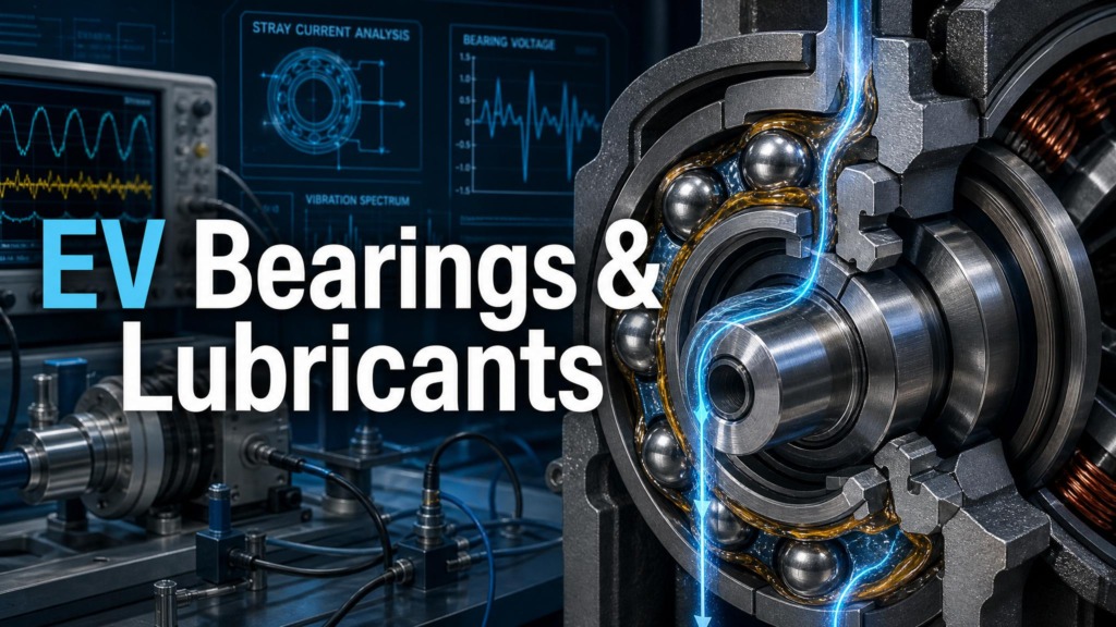 Electrified bearing schematic showing electrical discharge through lubricant film in an EV motor.